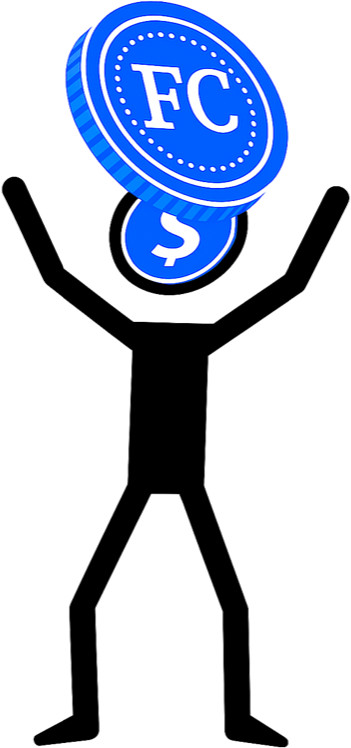 FinnaBot, the FinnaCalc helper — a stick figure holding the FinnaCalc coin overhead