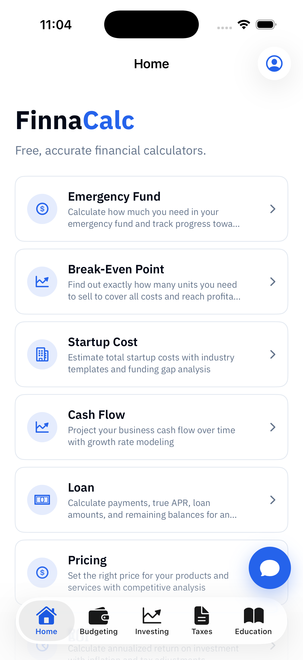 FinnaCalc home screen